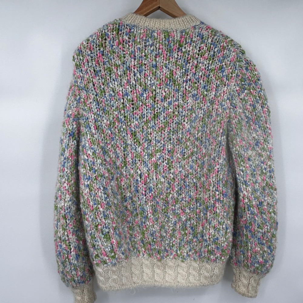 Vintage Handmade Chunky Knit Cardigan Multi Color Speckled Buttons Cream Trim‎ - Picture 6 of 8